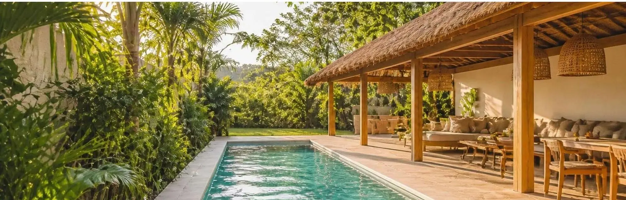 Alberca junto a la palapa entre vegetación tropical