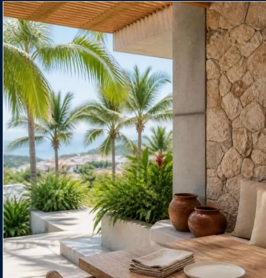 Terraza con madera, piedra natural y vegetación tropical