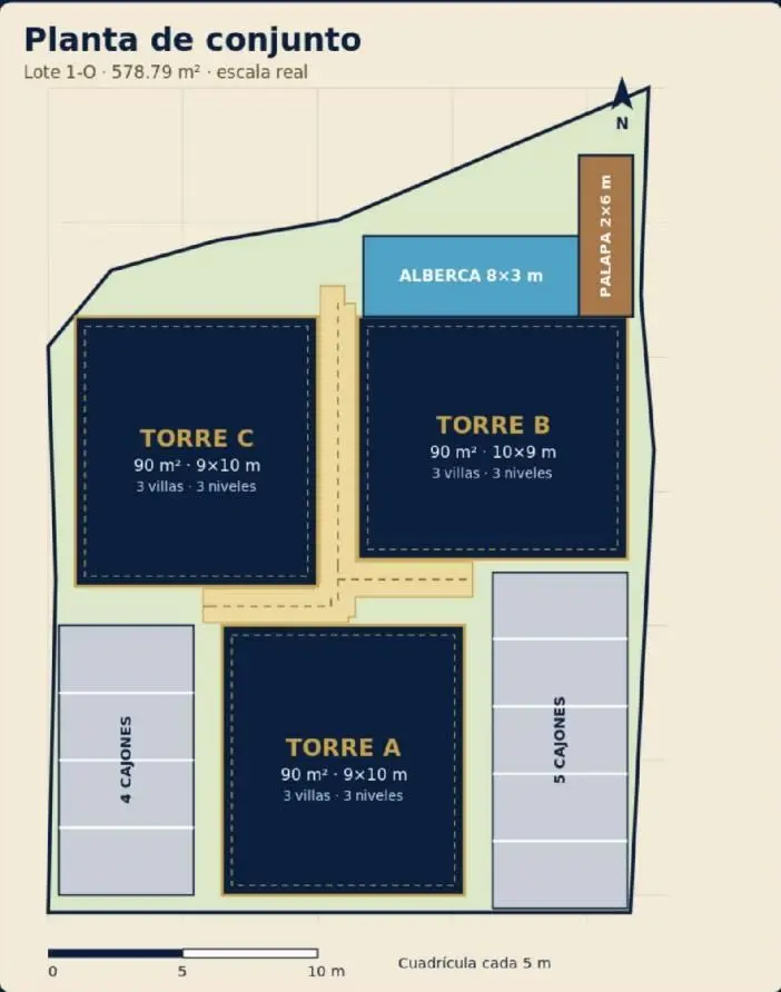 Planta de conjunto con las tres torres, alberca y palapa