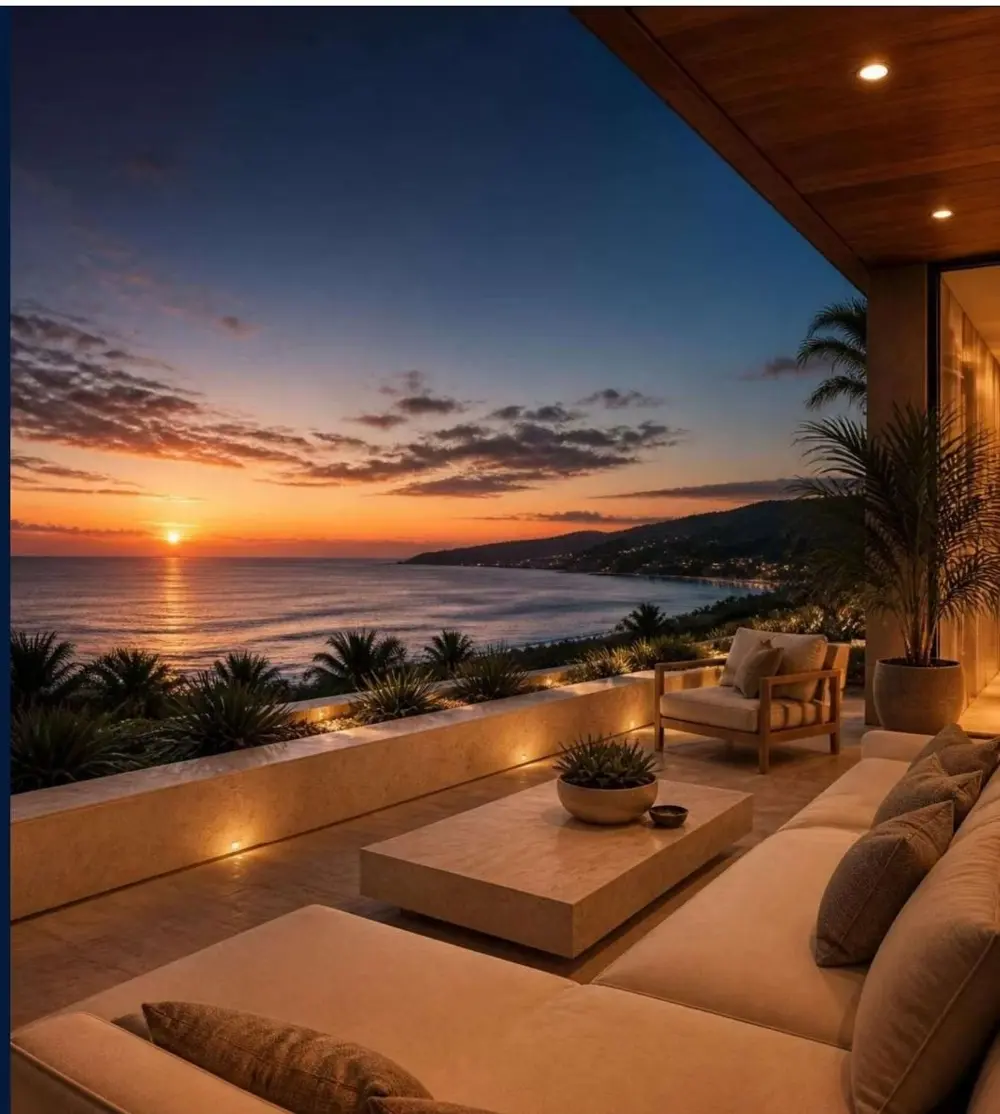 Terraza de villa al atardecer frente al mar