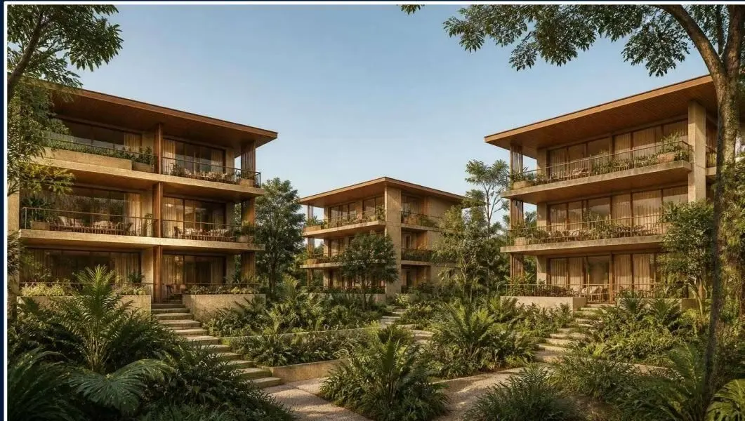 Render de las tres torres entre vegetación tropical