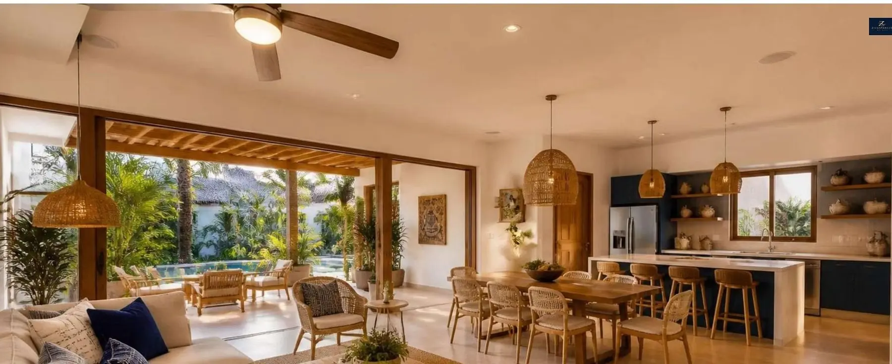 Sala, comedor y cocina abiertos con luz natural